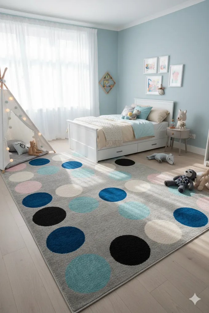 Szary dywan w kolorowe kropki w stylu skandynawskim E7-K02