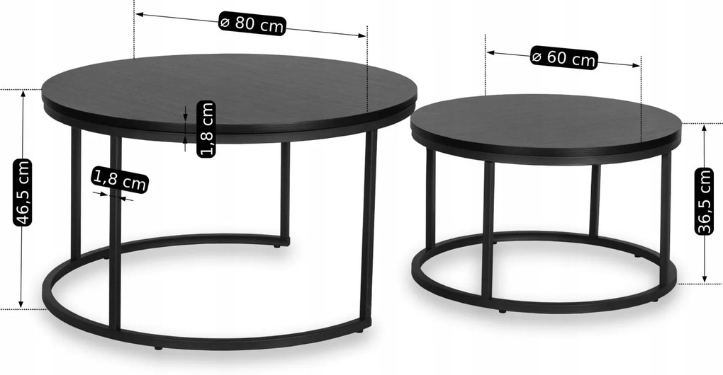 Zestaw Stolików Kawowych MANU MAX 60 cm/80 cm Czarny Nowoczesny Loft
