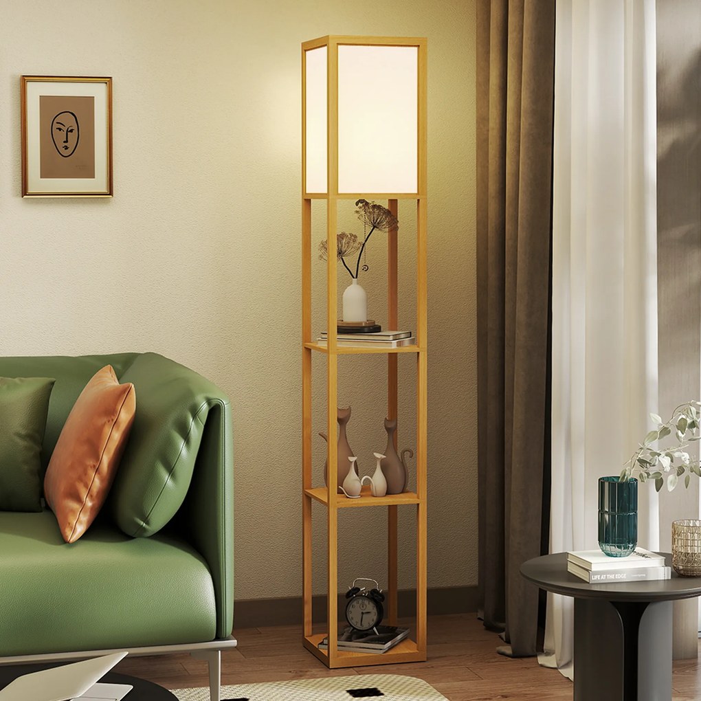 HOMCOM Lampa stojąca z 3 półkami, lampa podłogowa z oprawką E27, 26 x 26 x 160 cm, do salonu/sypialni (bez żarówki) | Aosom PL