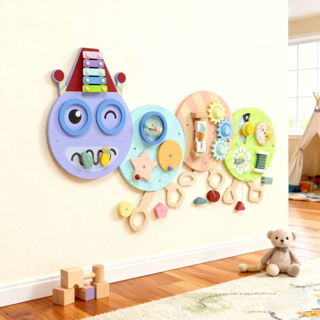 AIYAPLAY Zabawka ścienna 7-w-1, ksylofon, zębatki, design gąsienicy, MDF, 108 cm, kolorowy