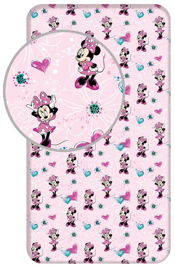 Różowe bawełniane prześcieradło dziecięce z gumką 90x200 cm Minnie "Flowers" – Jerry Fabrics