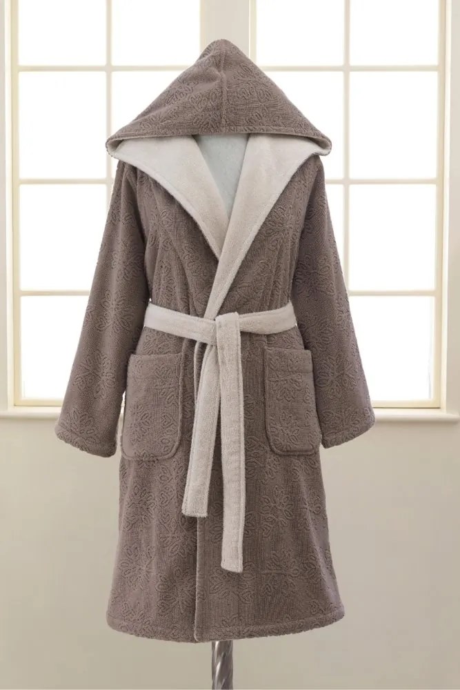 Damski krótki szlafrok LEAF s kapturem L Brązowy