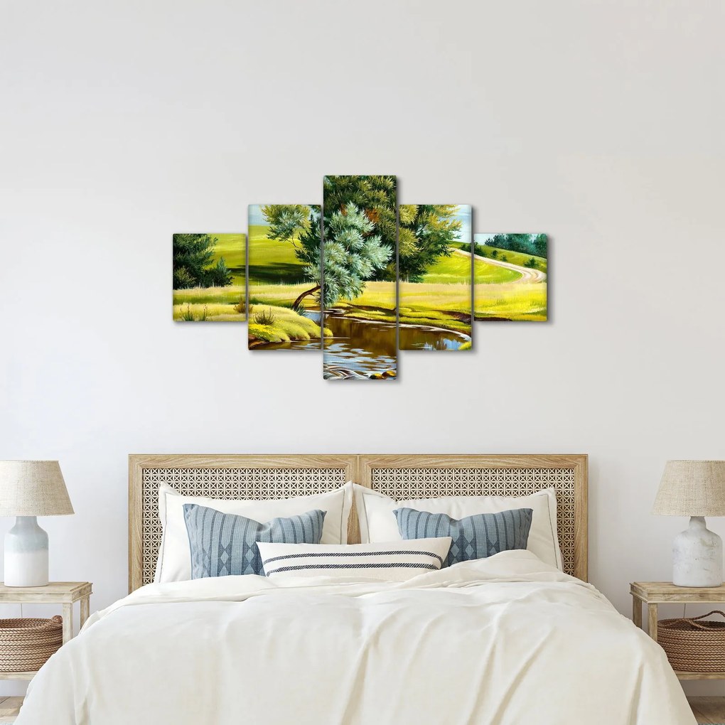 Obraz - rzeka między łąkami, obraz olejny (125x70 cm)