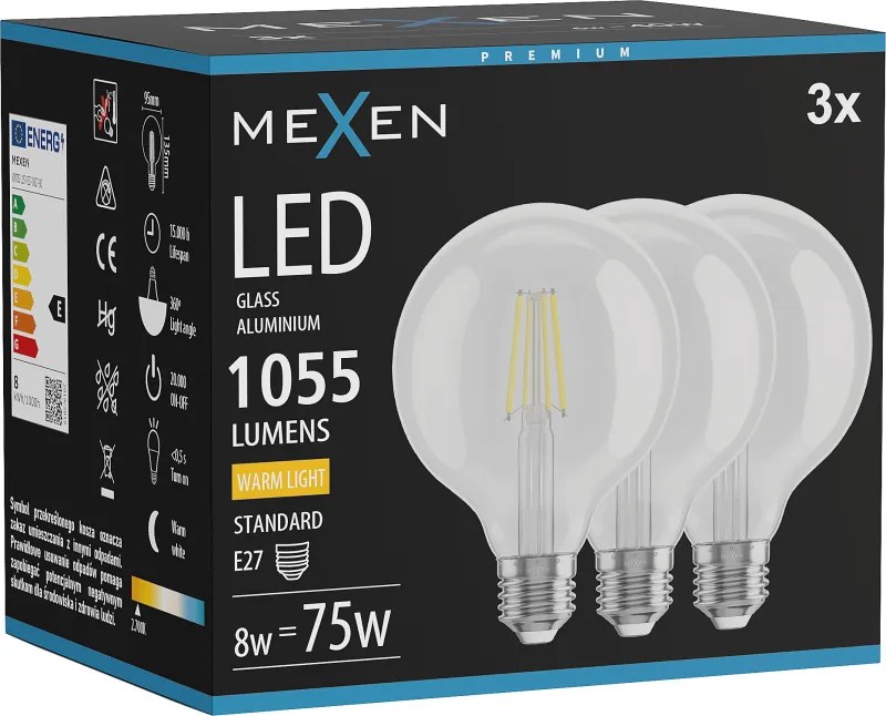 Mexen Vintis 3x żarówka filament LED E27, G95, 8W, Ciepła - 2700K, 1055 lm, clear - L157-E27-0827-00x03