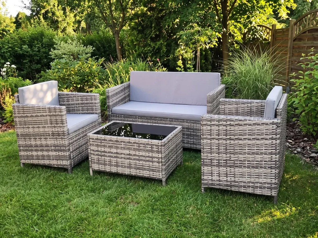 Zestaw mebli ogrodowych z technorattanu ( 2 x fotel, sofa + stolik) CALMO szary