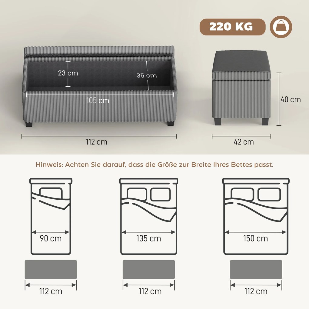 HOMCOM Ławka z miejscem do przechowywania, tapicerowana ławka do przechowywania, do salonu, sypialni, przedpokoju, pokrycie sztruksowe, Szary | Aosom PL