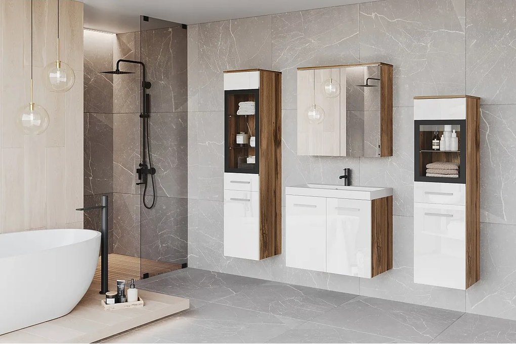 MINIO go for it, Meble łazienkowe MARIT II w kolorze dąb wotan/biały połysk, z oświetleniem LED