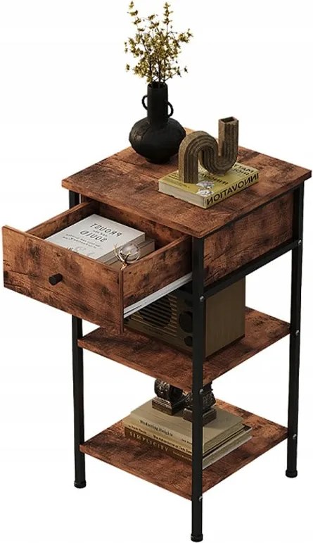 Stolik nocny komoda szafka z szufladą półką retro brąz industrialny loft