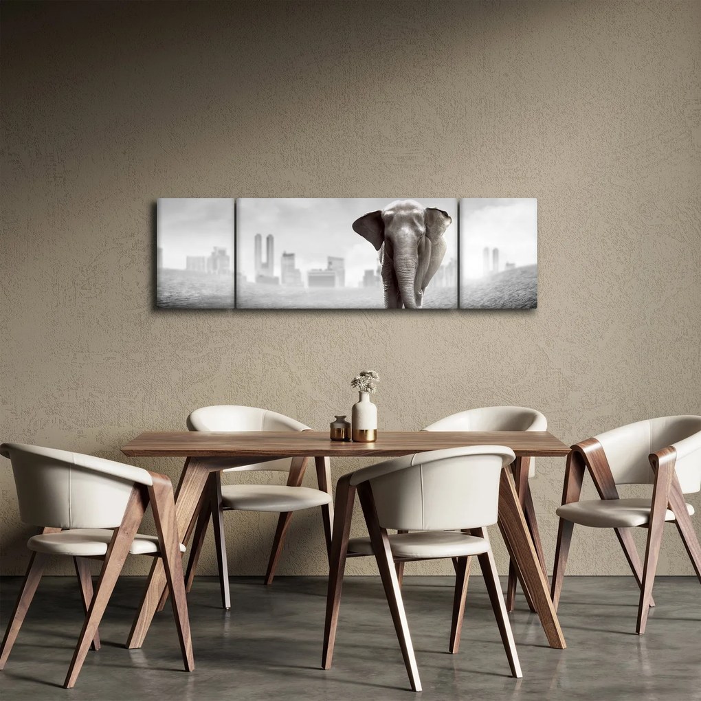 Obraz - Słonie w wielkim mieście, wersja czarno - biała (170x50 cm)