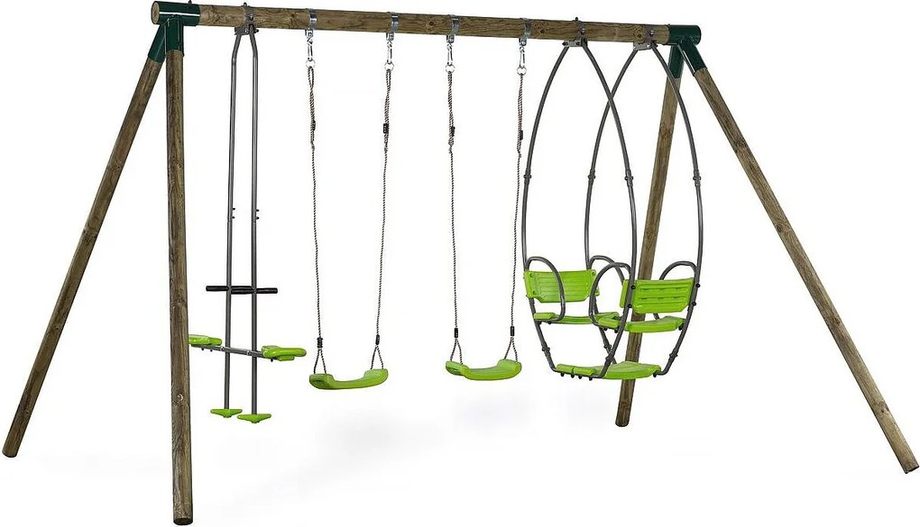 Drewniany zestaw huśtawkowy "Nelio" - Z 2 huśtawkami, 1 przeciwległą i 1 nosidełkiem.