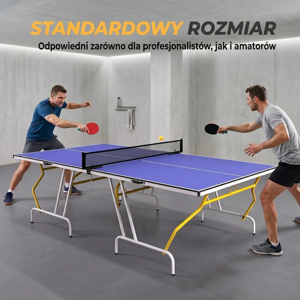 SPORTNOW Stół tenisowy składany z akcesoriami rakietki piłki siatka niebieski 274x152x76 cm | Aosom PL
