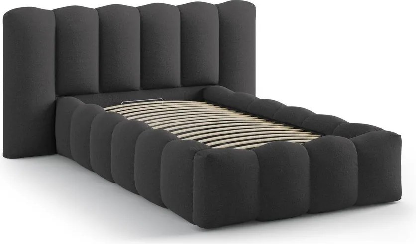 Antracytowe tapicerowane łóżko jednoosobowe ze schowkiem i stelażem 90x200 cm Lupine – Micadoni