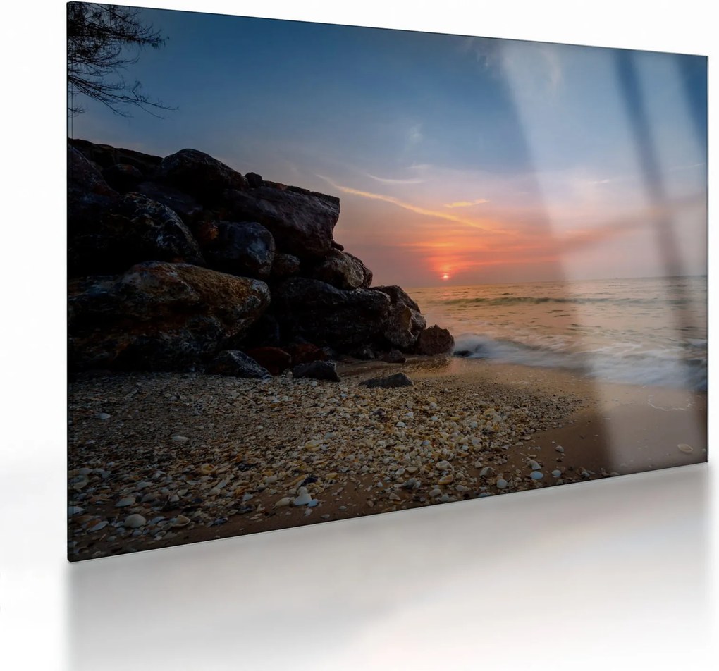 Obraz na szkle - zachód słońca na plaży (70x50 cm)