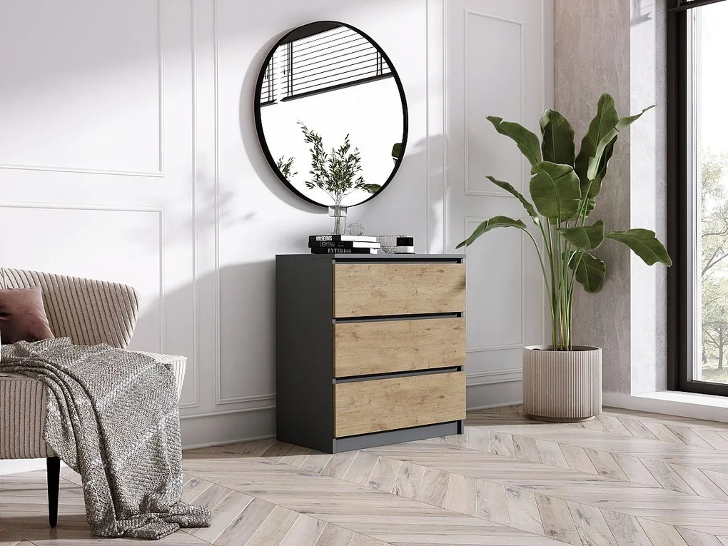 Komoda z 3 szufladami: antracyt / dąb Lancelot, 70 x 39 x 79 cm