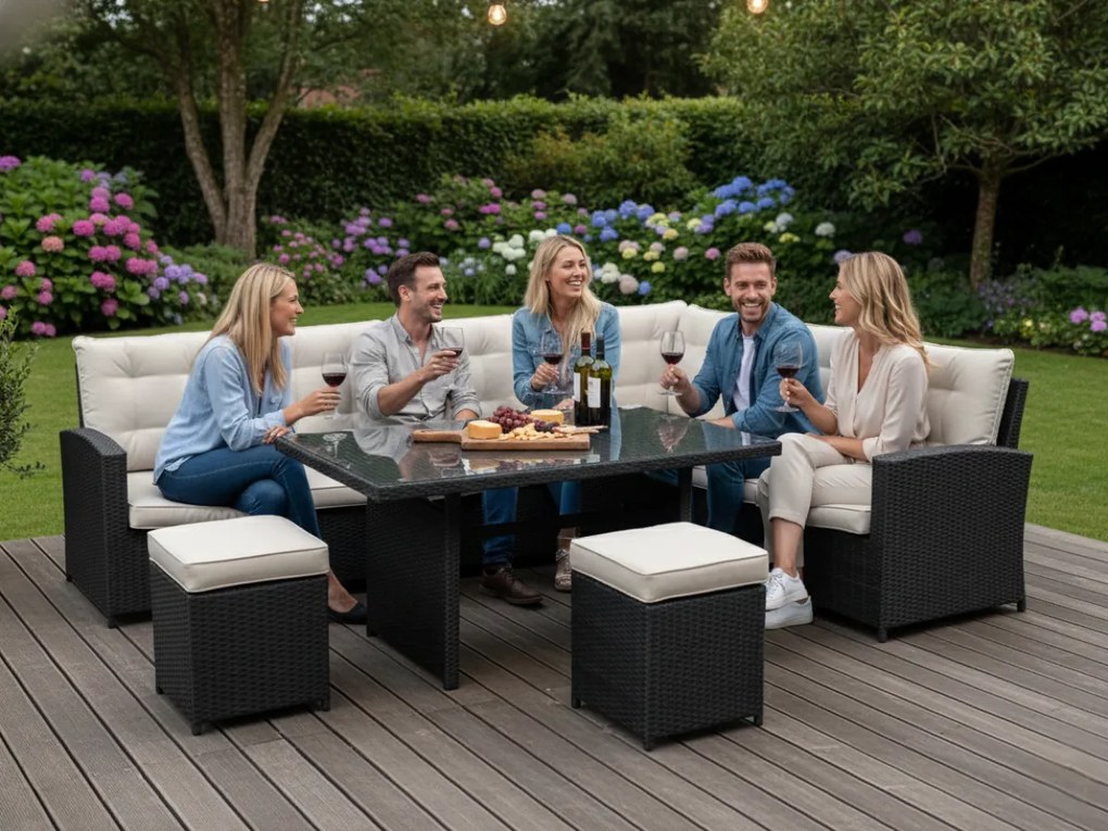 Komplet mebli ogrodowych z technorattanu (Duży narożnik + wysoki stół) BOSCO czarny OUTLET