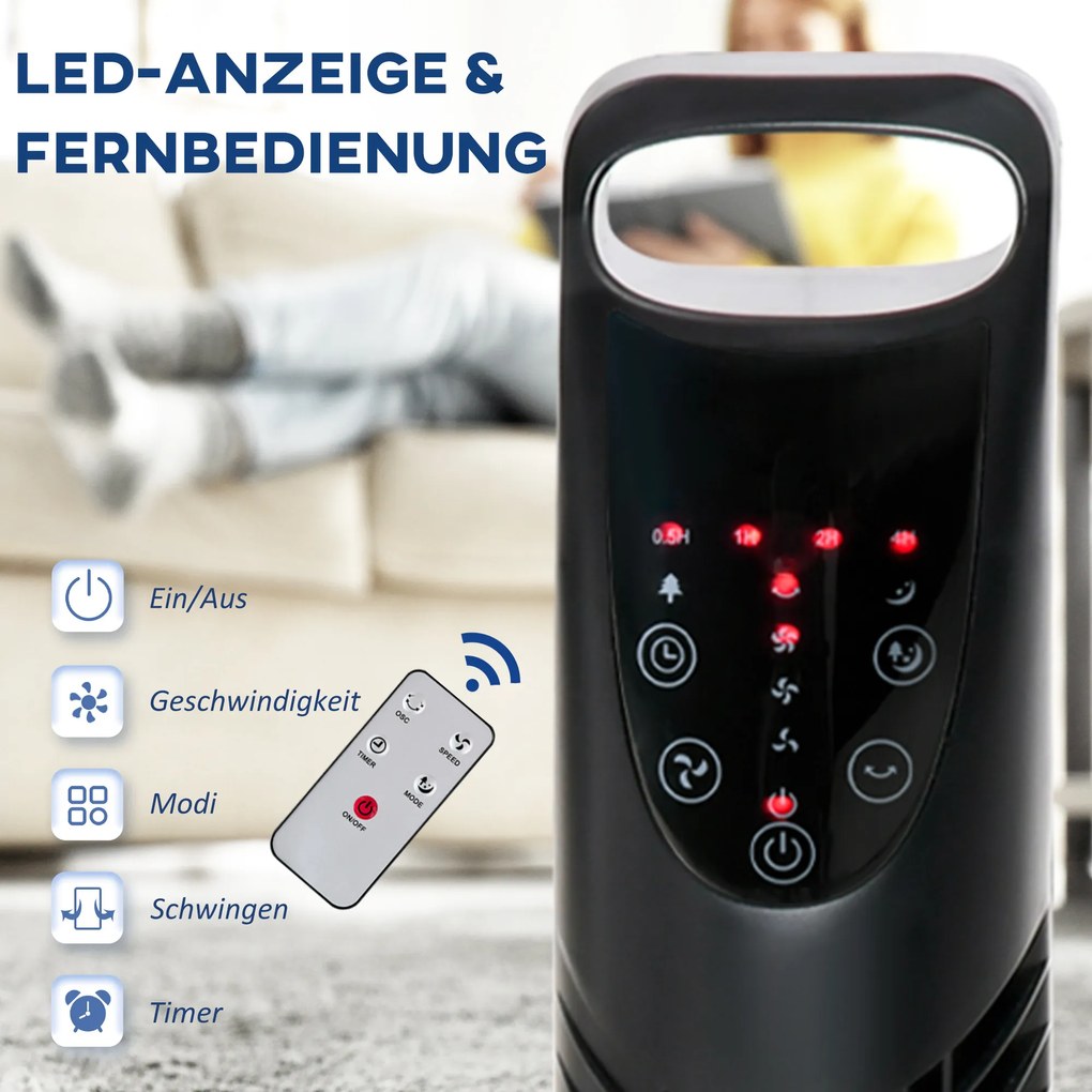 HOMCOM Wieżowy Wentylator, 3 Tryby, Cicha Praca, Timer, Pilot, 18x78,5cm, Czarny