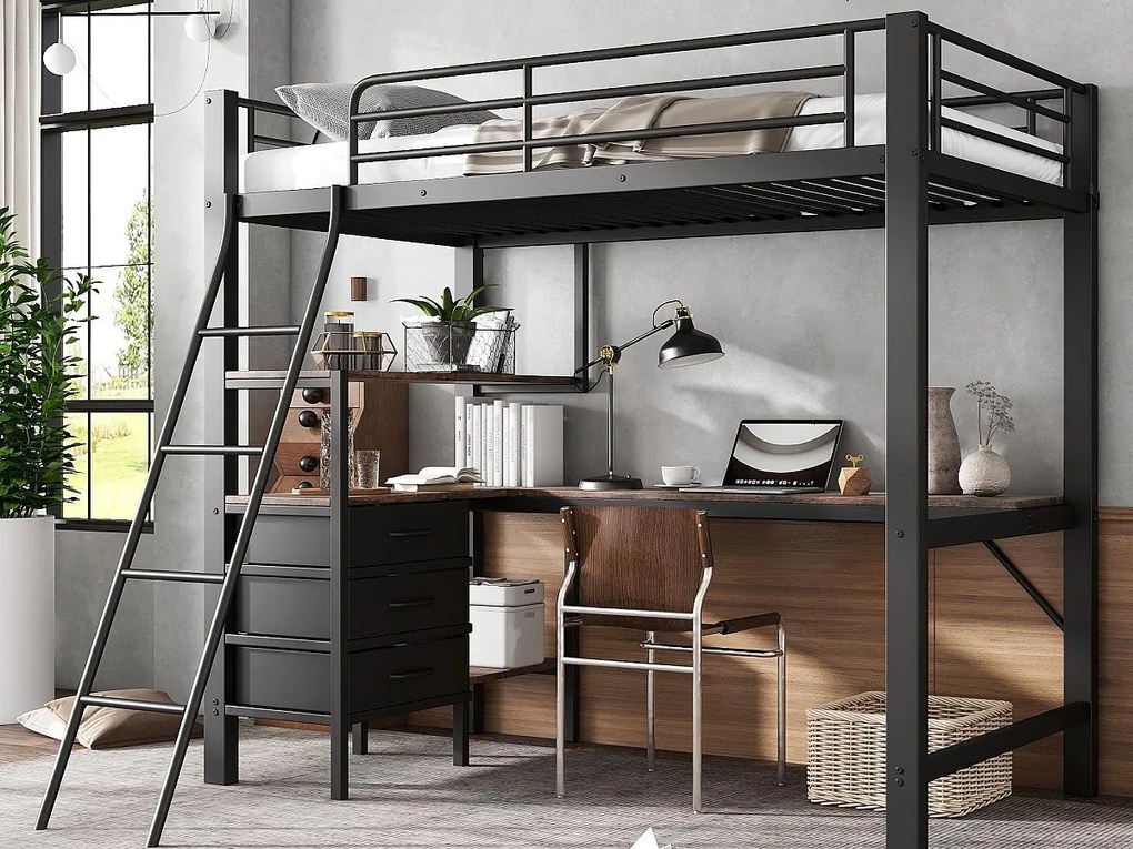 Łóżko mezzanine 90x200cm - z 3 szufladami - z 2m długim stołem - nachylona drabinka czterostopniowa - metal + płyty wiórowe - czarne (bez materaca)