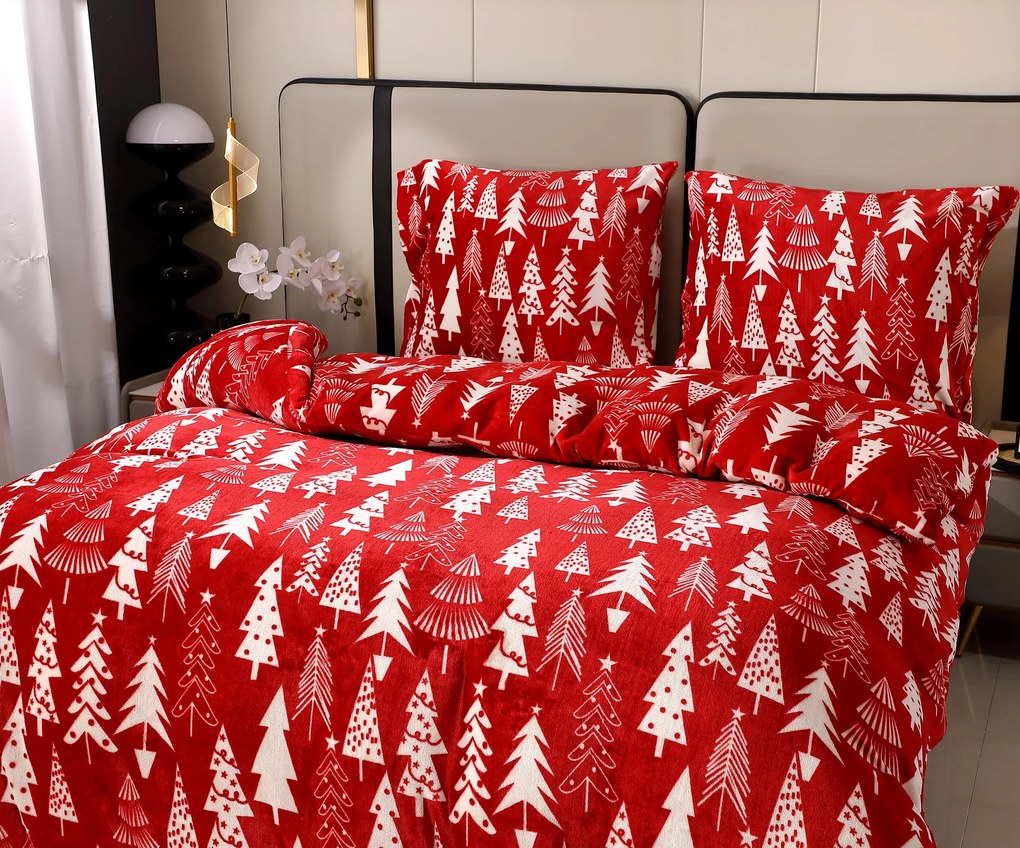 PrzytulneMieszkanie.pl PrzytulneMieszkanie.pl PrzytulneMieszkanie.pl Zestaw pościeli z mikropluszu CHRISTMAS TREES czerwony + prześcieradło z mikropluszu SOFT 180x200 cm biały, łóżko podwójne