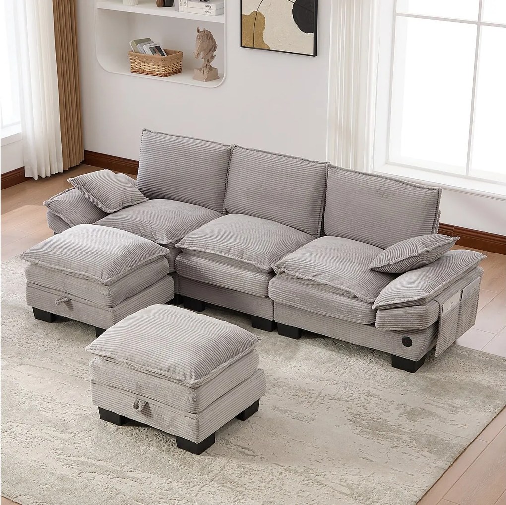 Zestaw wypoczynkowy z tkaniny sztruksowej 3-osobowy - 260 x 132 x 84 cm - z 2 pufami ze schowkiem + port USB + kieszenie - jasnoszary