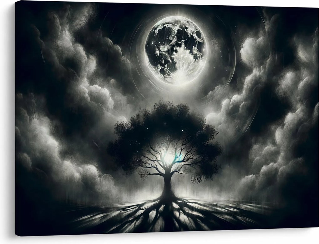 Obraz – Czarno-białe drzewo w pełni księżyca (70x50 cm)