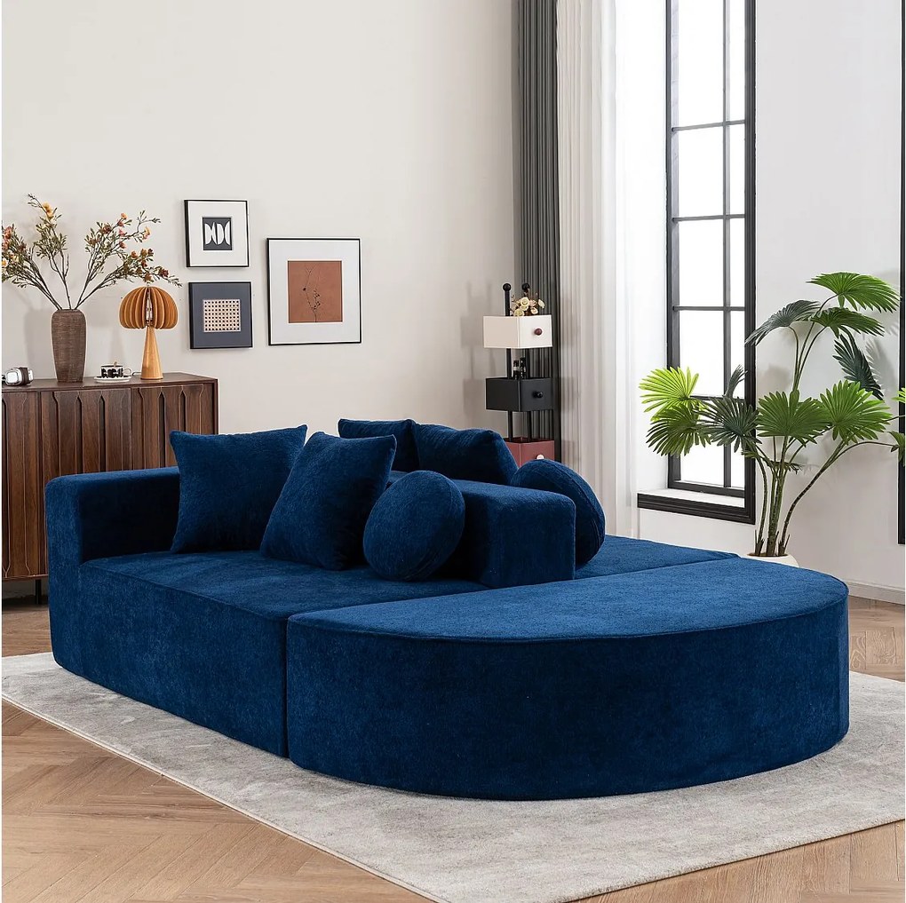 Sofa 5-osobowa – sofa segmentowa z 6 poduszkami i podłokietnikami – niebieska tkanina szenilowa