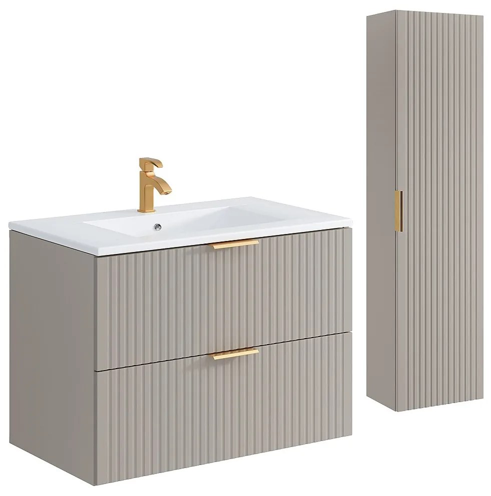 Wisząca szafka łazienkowa z prążkowaną fakturą, z wpuszczaną umywalką i słupkiem – kolor beżowy – 80 cm – ZEVARA