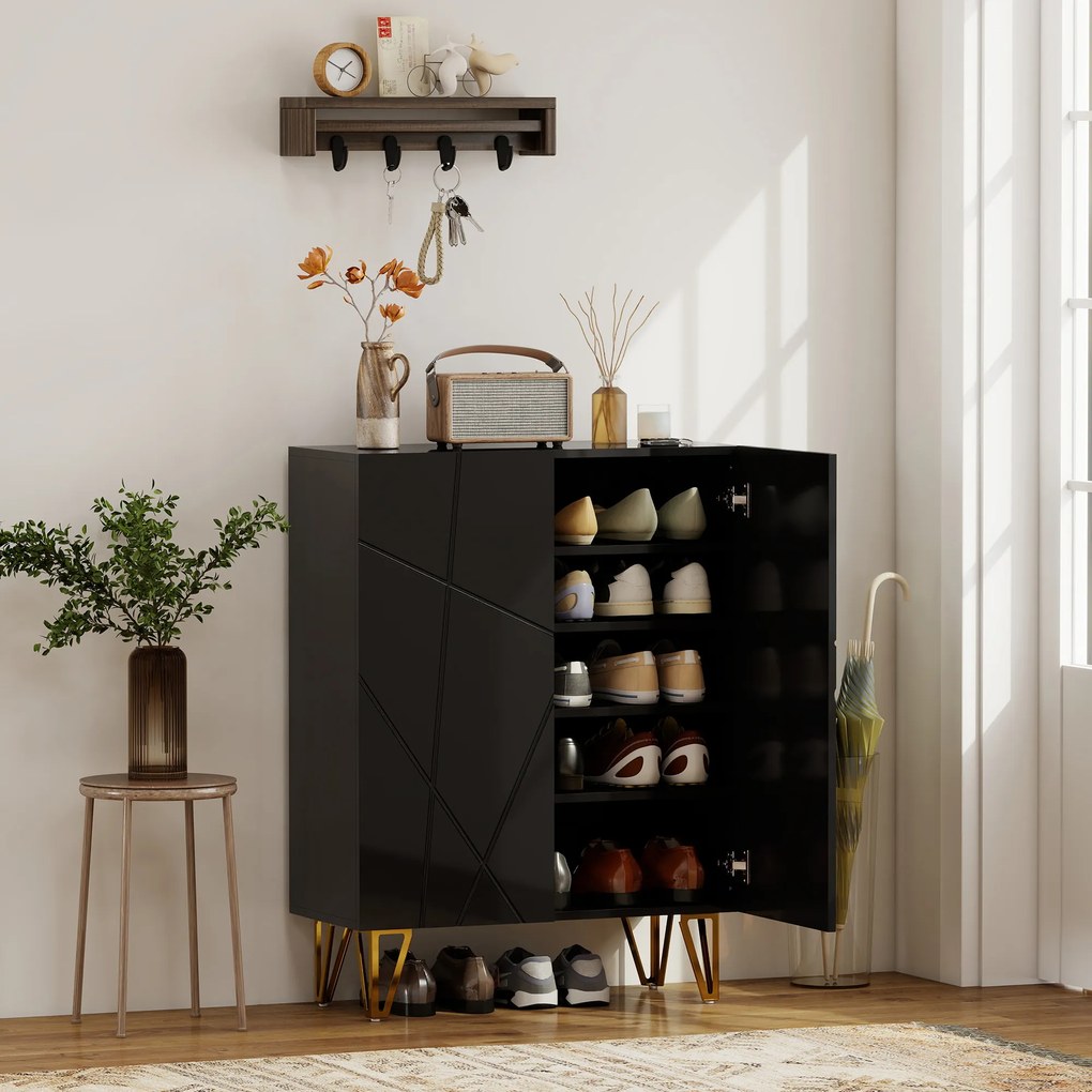 HOMCOM Szafka na buty z 2 drzwiami, regał na buty, przechowywanie butów z 3 regulowanymi półkami 72 x 31,5 x 95 cm, Czarny