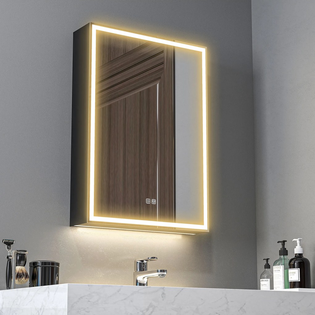 HOMCOM Szafka łazienkowa z lustrem LED, 50 x 70 cm, ściemnialna, przeciwmgielna, Czarna