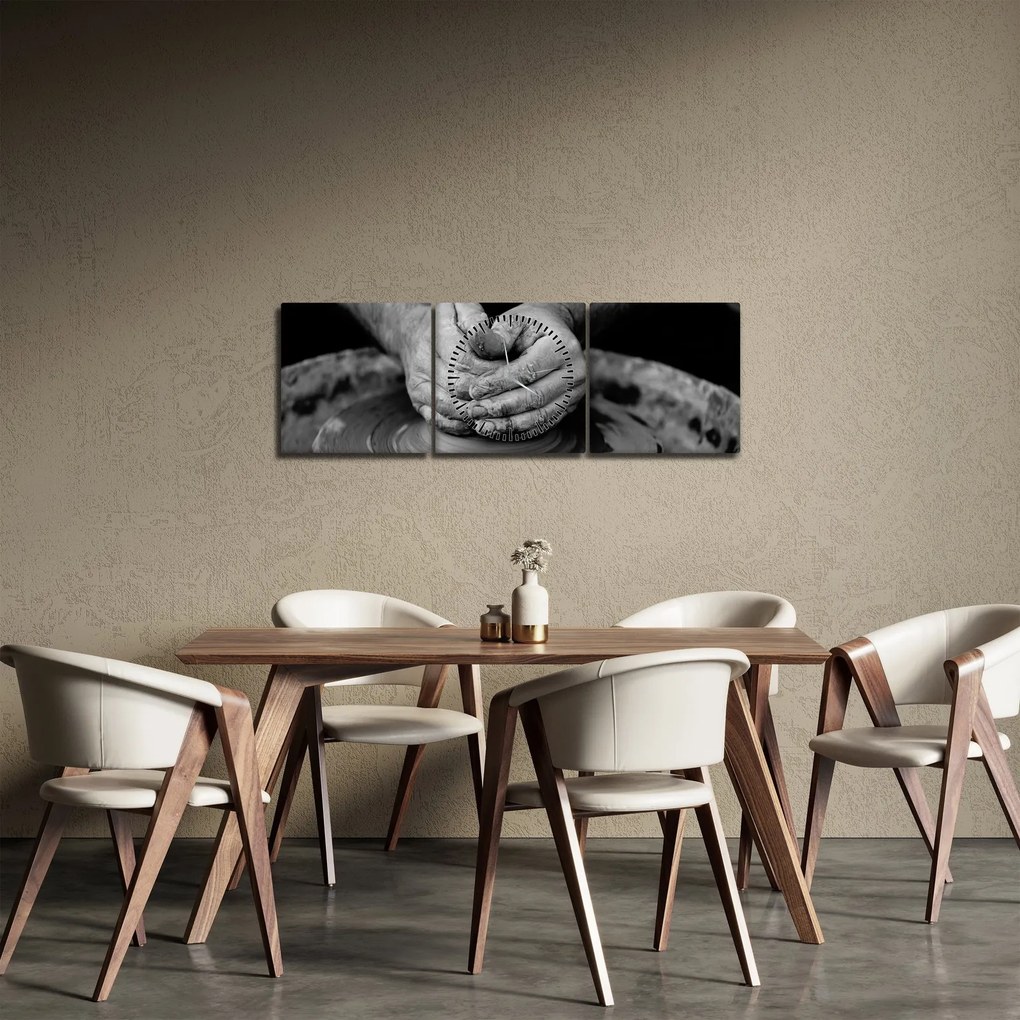 Obraz czarno-biały - garncarstwo (z zegarem) (90x30 cm)