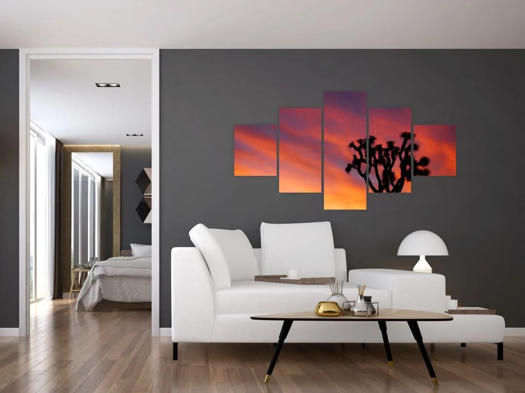 Obraz zachodu słońca nad sylwetką drzewa (125x70 cm)