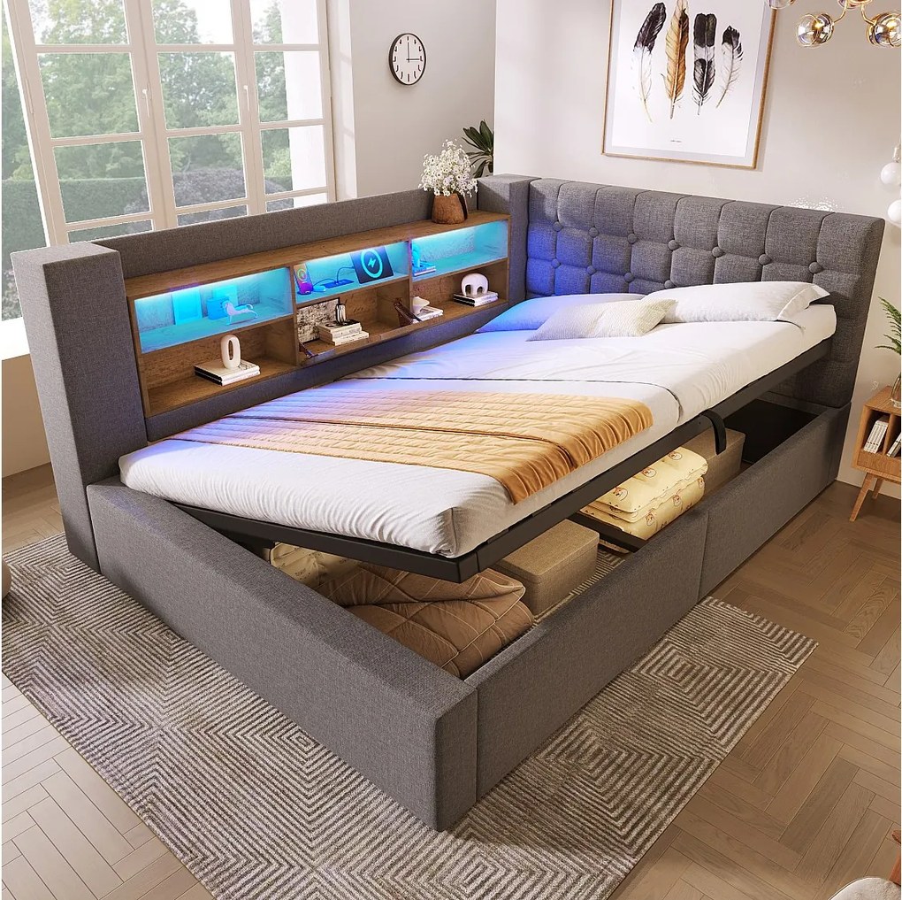 Sofa tapicerowana z funkcją spania - 140 x 190 cm - z oświetleniem LED + schowek hydrauliczny + zagłówek w kształcie litery L ze schowkiem - len - szary