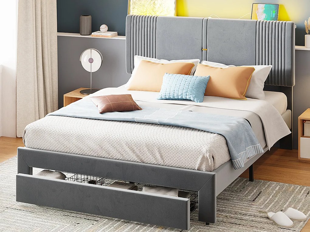 Łóżko tapicerowane dla dorosłych 140 x 200 cm z dużą szufladą - LED + USB - Aksamit - Szare