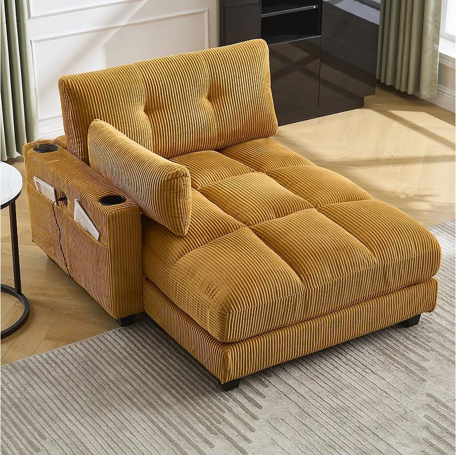 Sofa 1-osobowa z podłokietnikami - Sofa relaksacyjna z 2 uchwytami na kubki i kieszeniami bocznymi - żółty sztruks