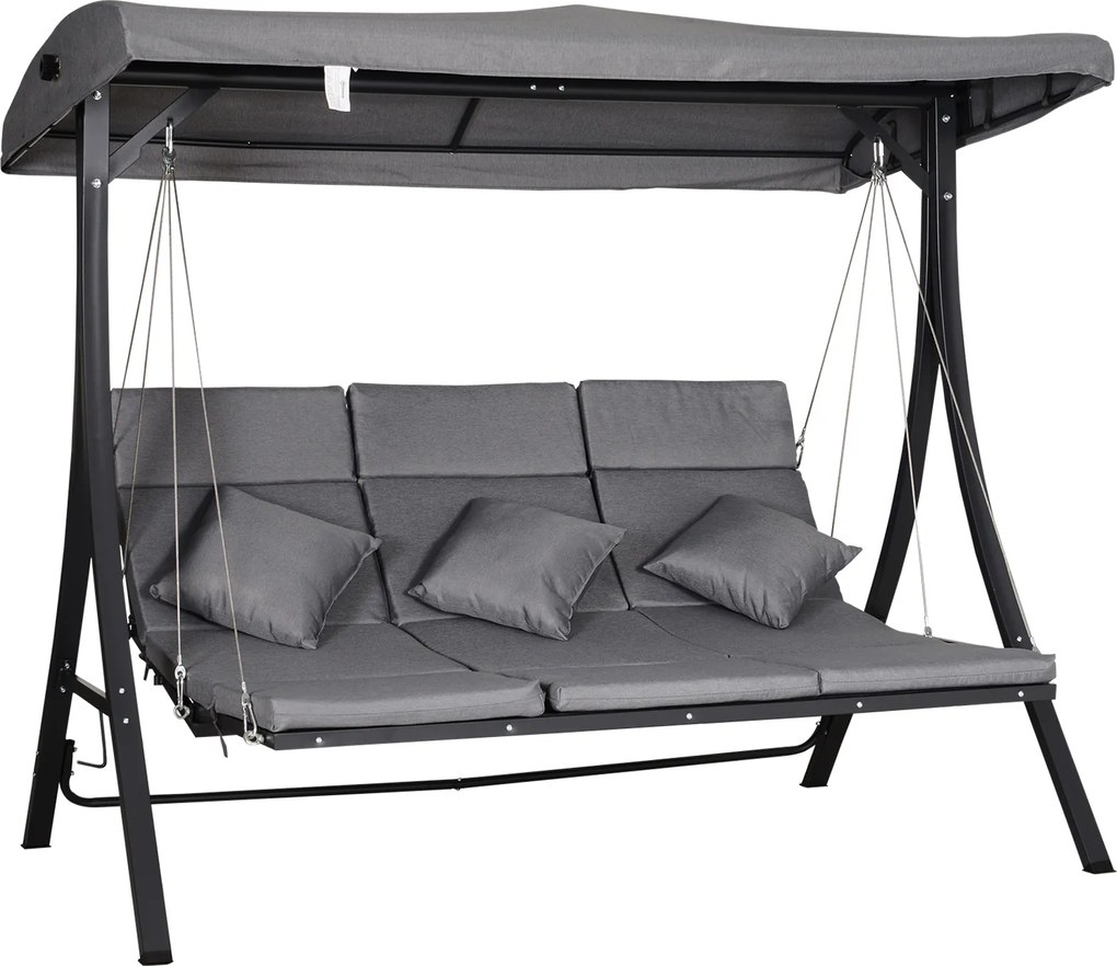 Outsunny Huśtawka Ogrodowa 3-osobowa, w zestawie z poduszkami, odporna na warunki atmosferyczne, 200 cm x 115 cm x 168 cm, Szara