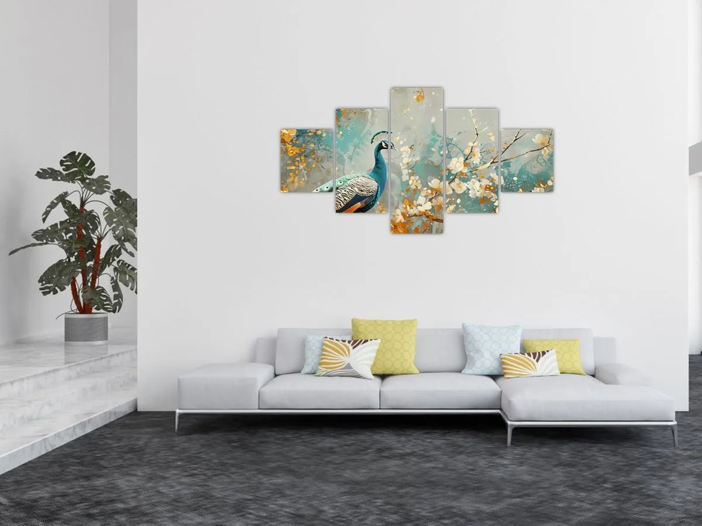 Obraz - Paw ze złotą dekoracją (125x70 cm)