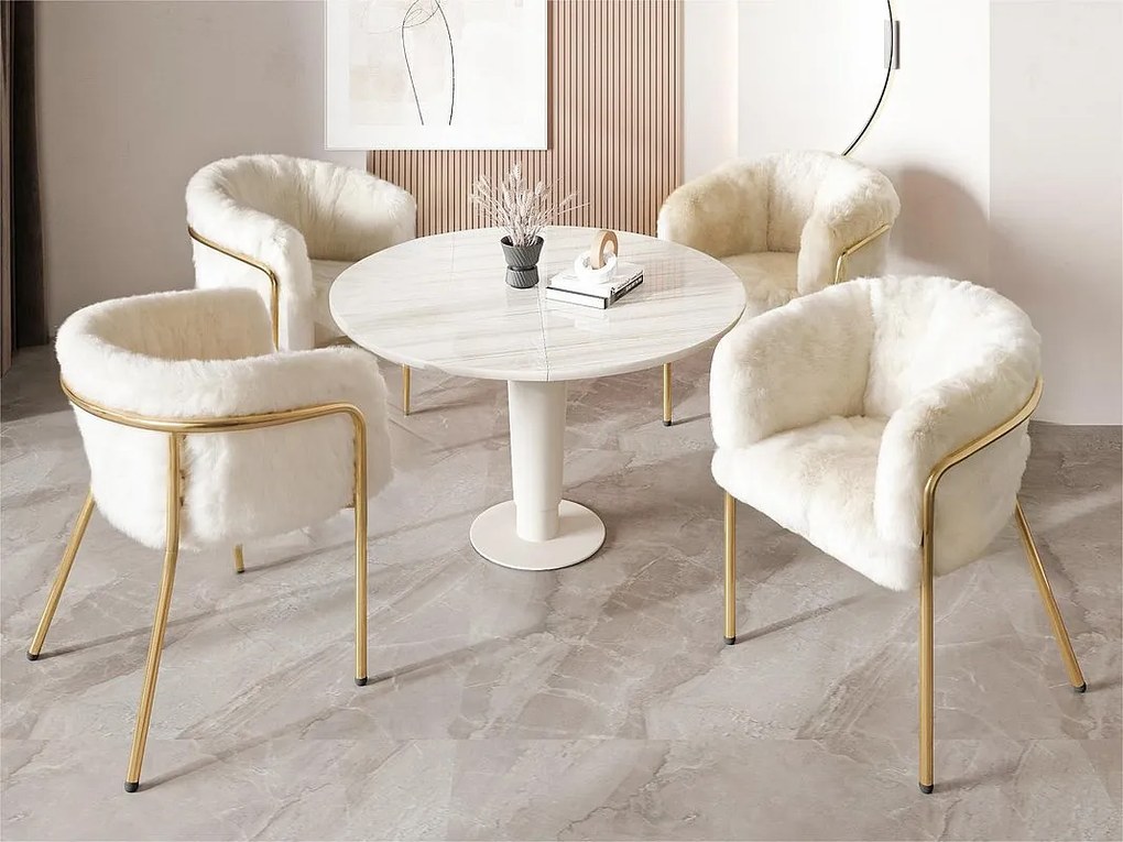 Zestaw 4 leżaków do jadalni, salonu lub sypialni - z materiału przypominającego króliczy puch - z 4 złotymi metalowymi nogami - beżowy