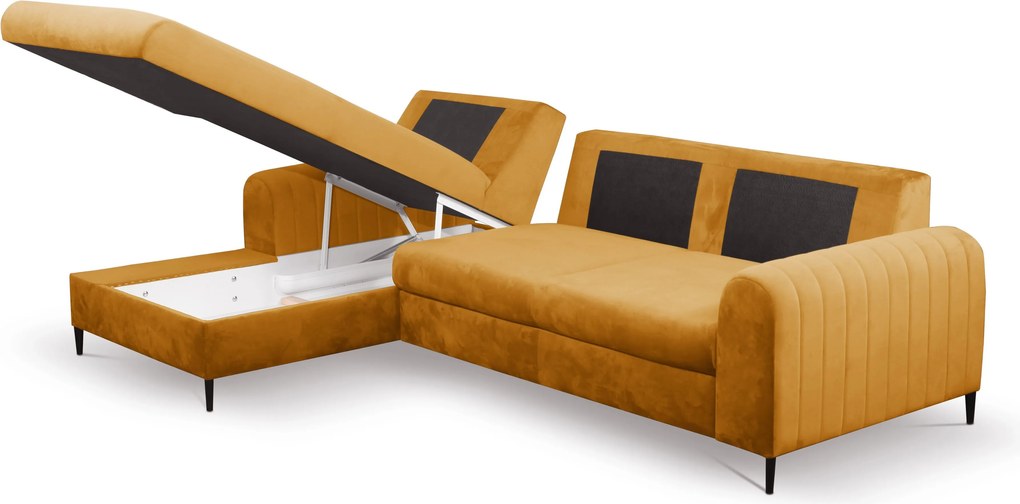 Masseno Narożnik VERONA z funkcją spania i pojemnikiem na pościel Narozniki L, Rozkładana sofa - Żółty, VELLUTO MUSTARD 8