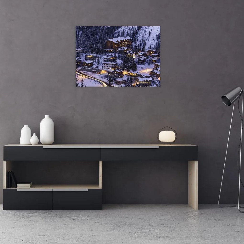 Obraz na szkle - górskie zimowe miasteczko (70x50 cm)