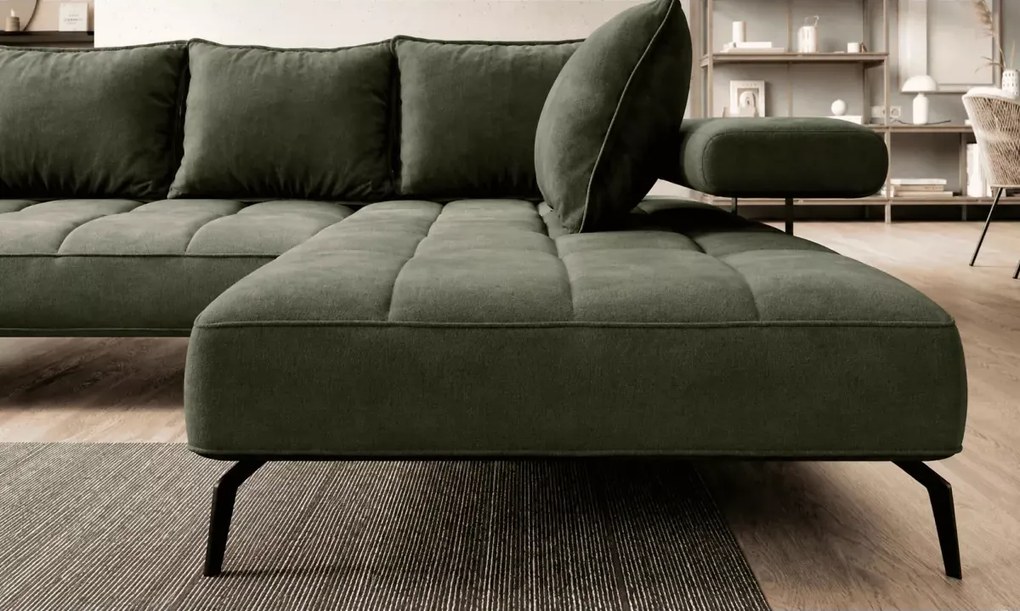 Nowoczesny narożnik Nalik L z eleganckimi przeszyciami oraz zagłówki na metalowych uchwytach