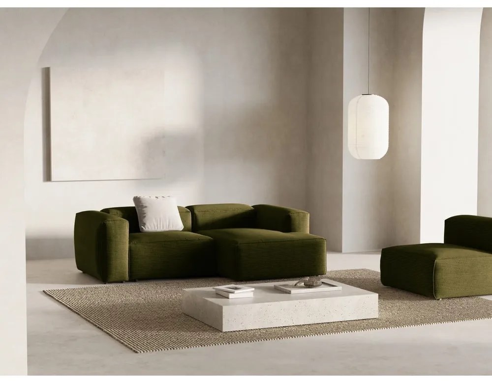 Zielony sztruksowy narożnik (prawostronny/z szezlongiem) Bergamo – Cosmopolitan Design