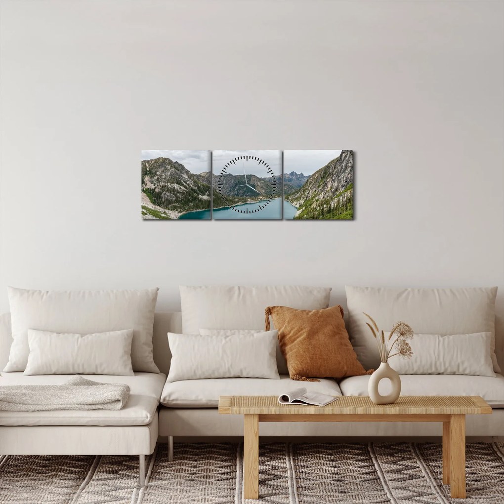 Obraz jeziora w górach (z zegarem) (90x30 cm)