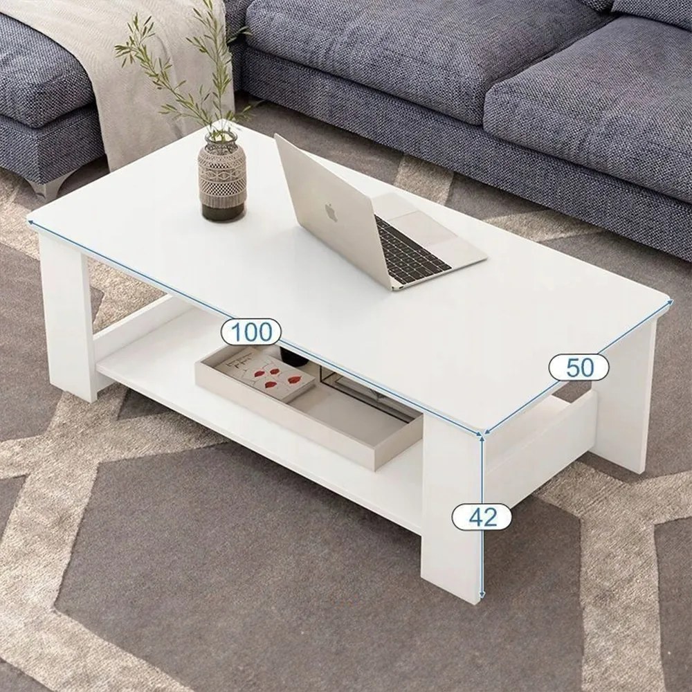 Biały stolik kawowy 100x50x42 cm – z praktyczną półką, nowoczesny design