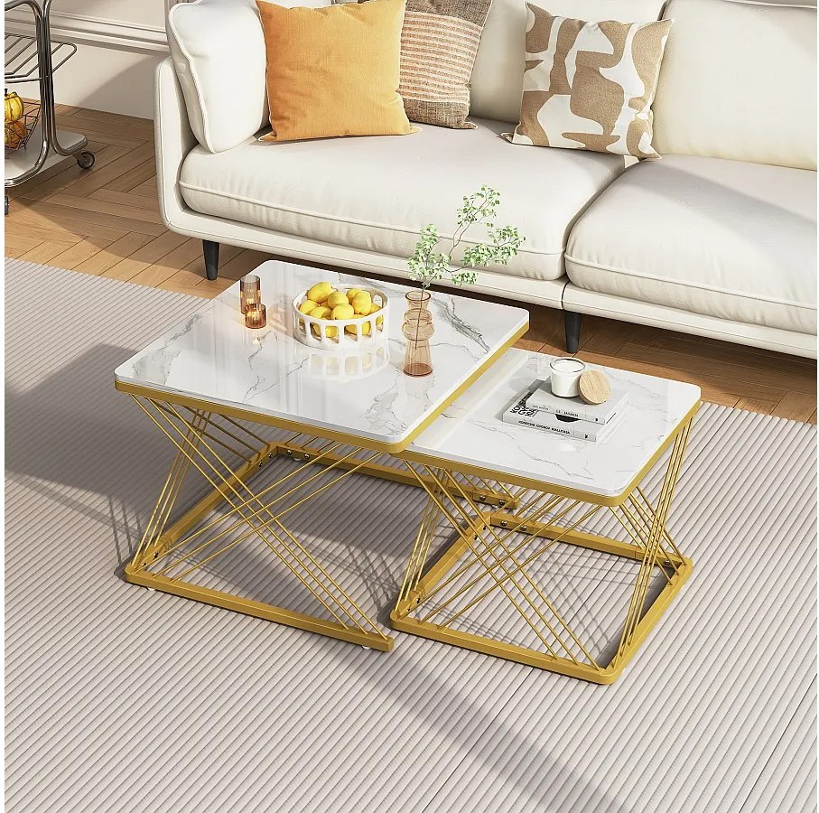 Zestaw 2 kwadratowych stolików kawowych - 60x60x45 + 45x45x40 cm - Efekt marmuru - MDF drewno i metal - Biały + złoty