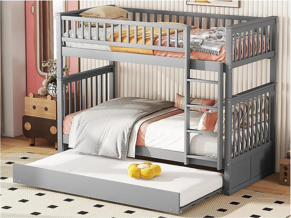 Łóżko piętrowe 2x90x200cm z łóżkiem wysuwanym 90x190cm - z barierką i schodami - Szary