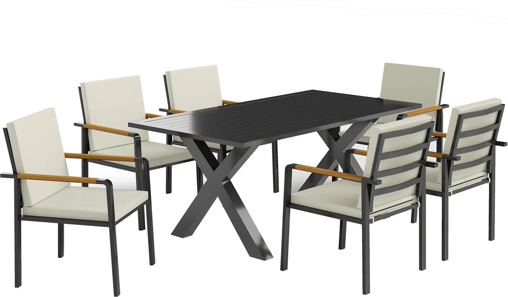 Outsunny Zestaw Mebli Ogrodowych dla 6 Osób, 6 Krzeseł, 1 Stół, Wodoodporny, 175 cm x 92,5 cm x 73 cm, Czarny + Szary