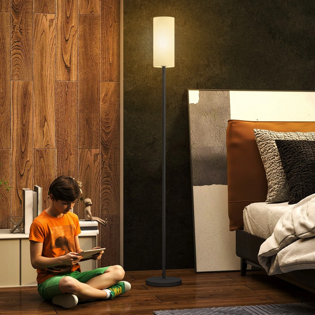 HOMCOM Lampa podłogowa, abażur w optyce lnu, metalowy słup, przełącznik nożny, Biały