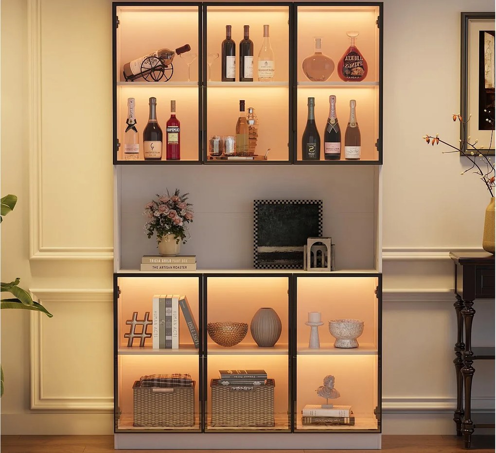 Nowoczesna witryna 120x34x200 cm - Oświetlenie LED - 6 drzwi szklane - Otwarta przestrzeń do przechowywania - MDF - Biały