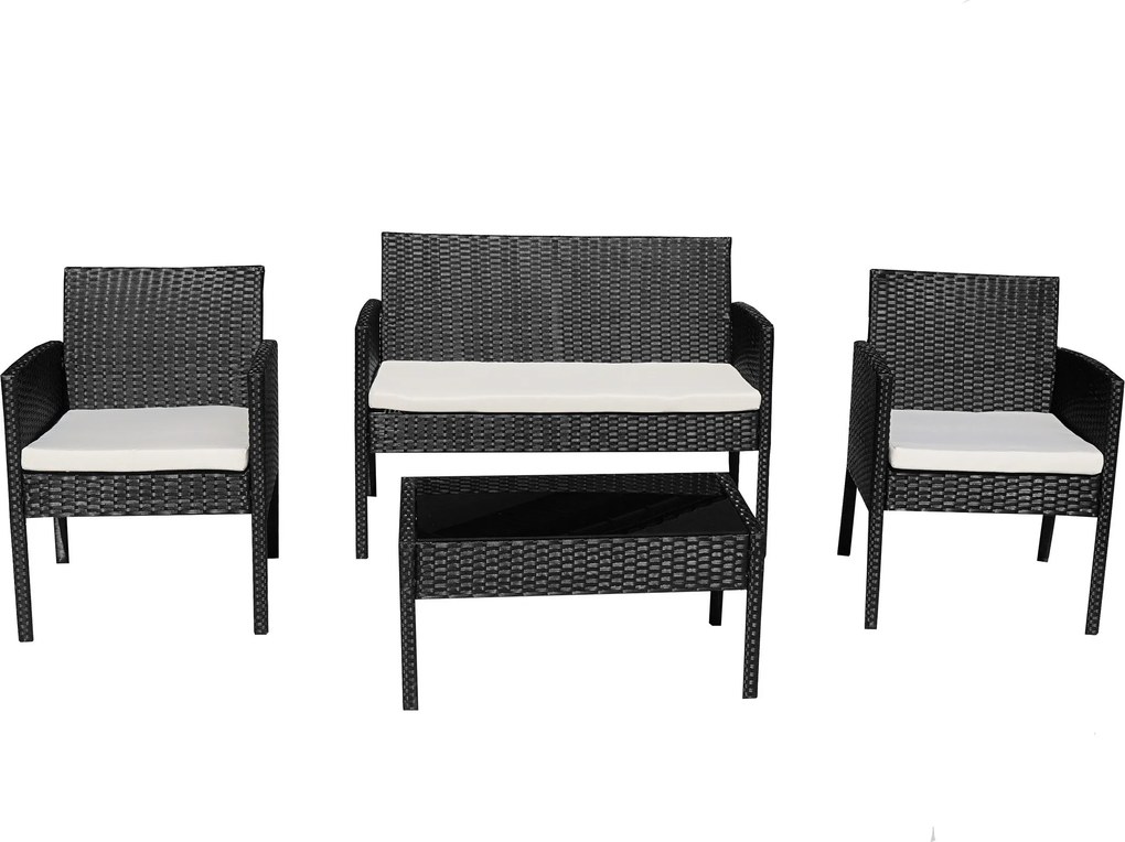 Zestaw Mebli Ogrodowych RIMNI Komplet Sofa Fotele Stół na Taras Ogród TECHNORATTAN Czarny Beżowe Modne Poduszki