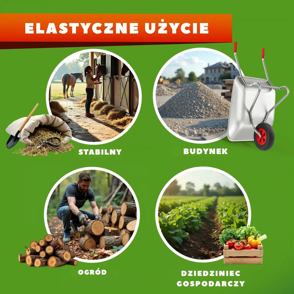 Taczka ogrodowa ocynkowana LARRY, max. pojemność 80l/100kg, srebrna/czarna Gardebruk