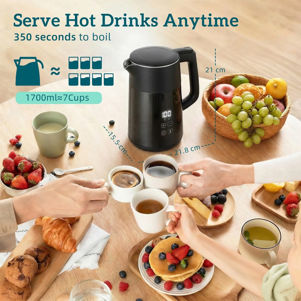 HOMCOM Elektryczny czajnik, 1,7 l, szybkie gotowanie, 2200 W, z wyświetlaczem LED, funkcją podtrzymywania ciepła, zabezpieczeniem przed suchobiegiem, bez PTFE | Aosom PL